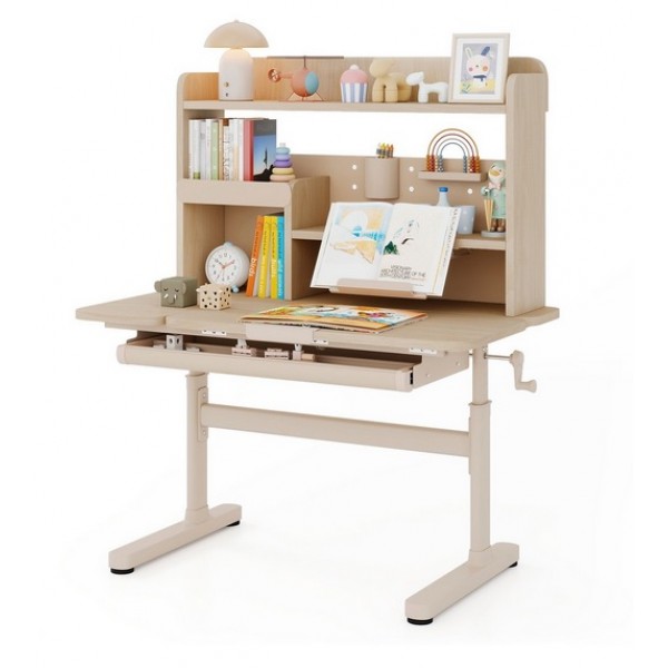 Vaikiškas rašomasis stalas su lentyna, stalčiumi ir reguliuojamo aukščiu (Natūrali)